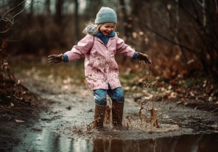 Happy little girl jumps in a puddle with rubber boots created with generative AI technology